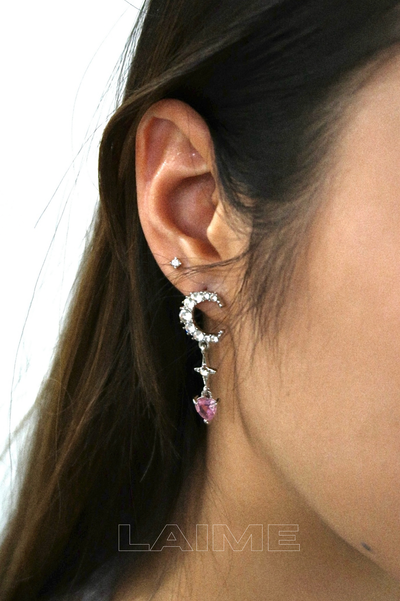 Pinky Diamond Star and Moon Asymmetrical Stud Earrings
