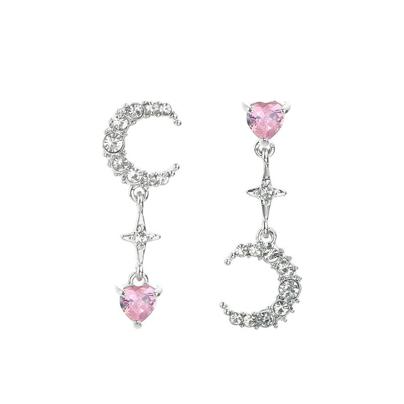 Pinky Diamond Star and Moon Asymmetrical Stud Earrings