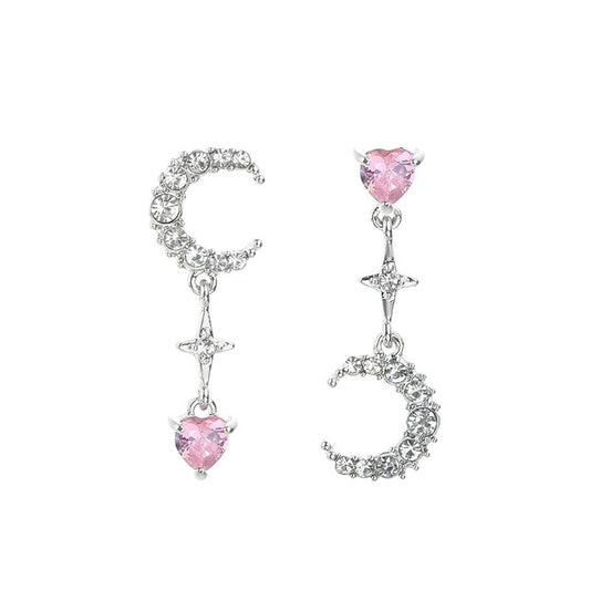 Pinky Diamond Star and Moon Asymmetrical Stud Earrings